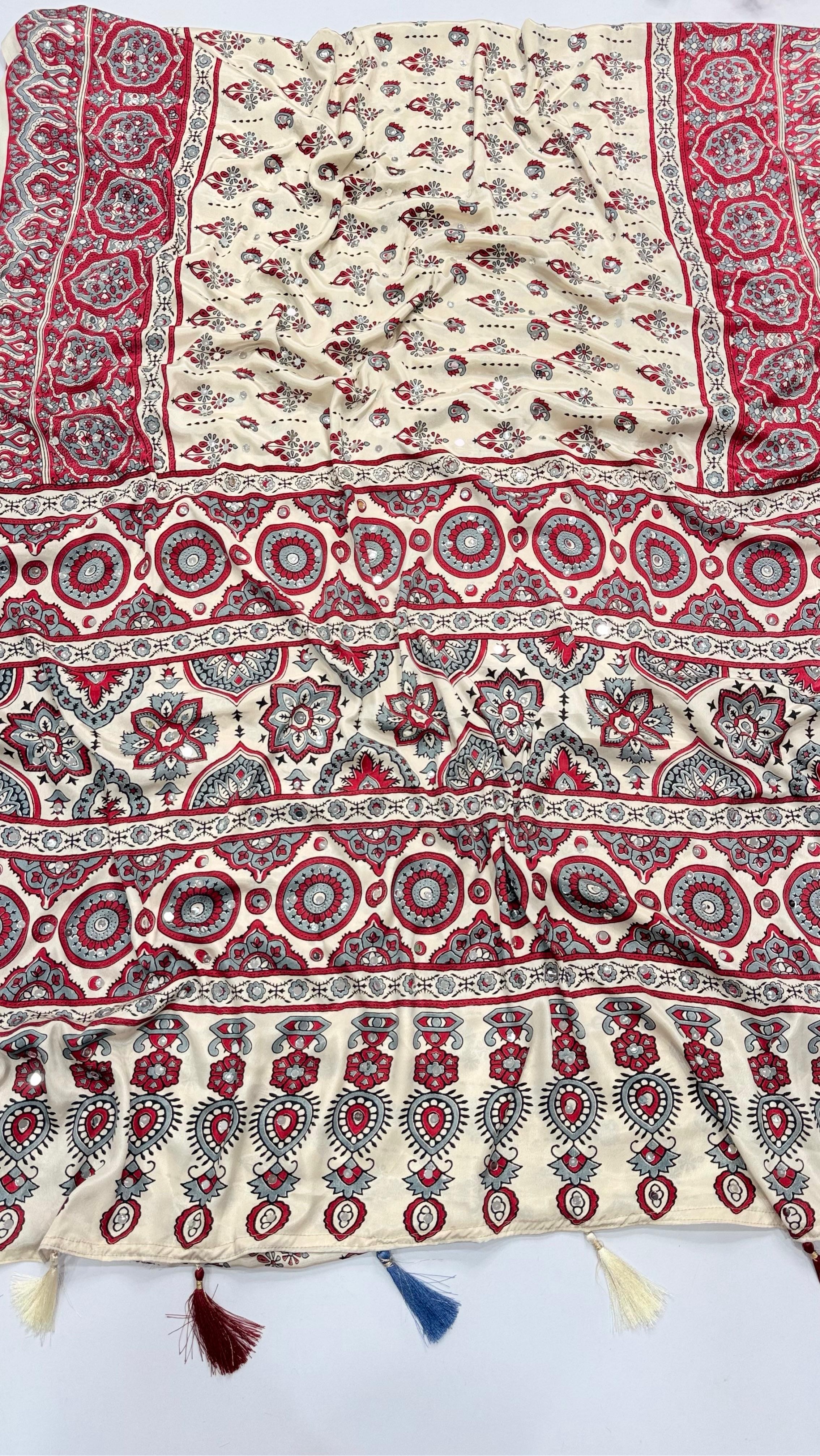 Traditional White Ajrakh Saree view 2