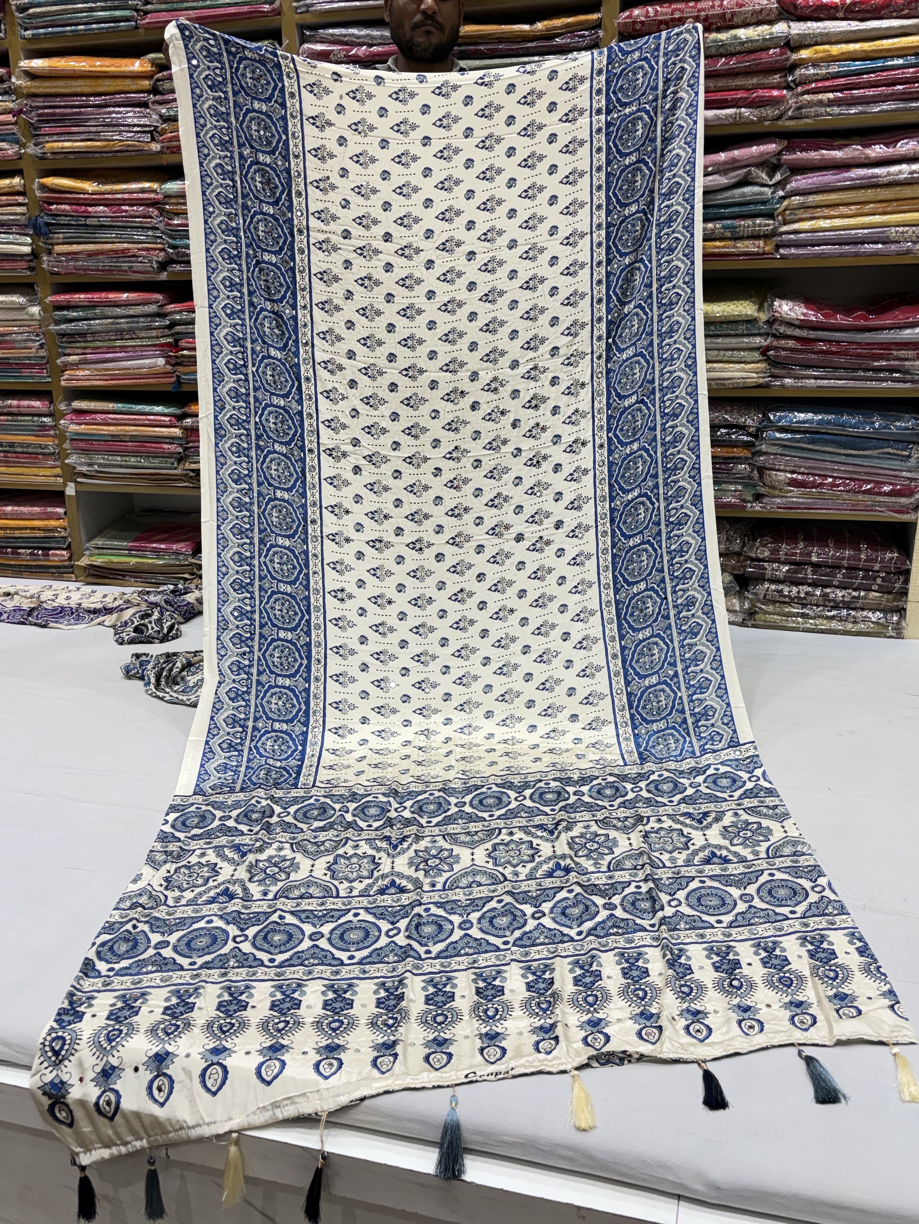 White & Blue Ajrakh Saree view 2