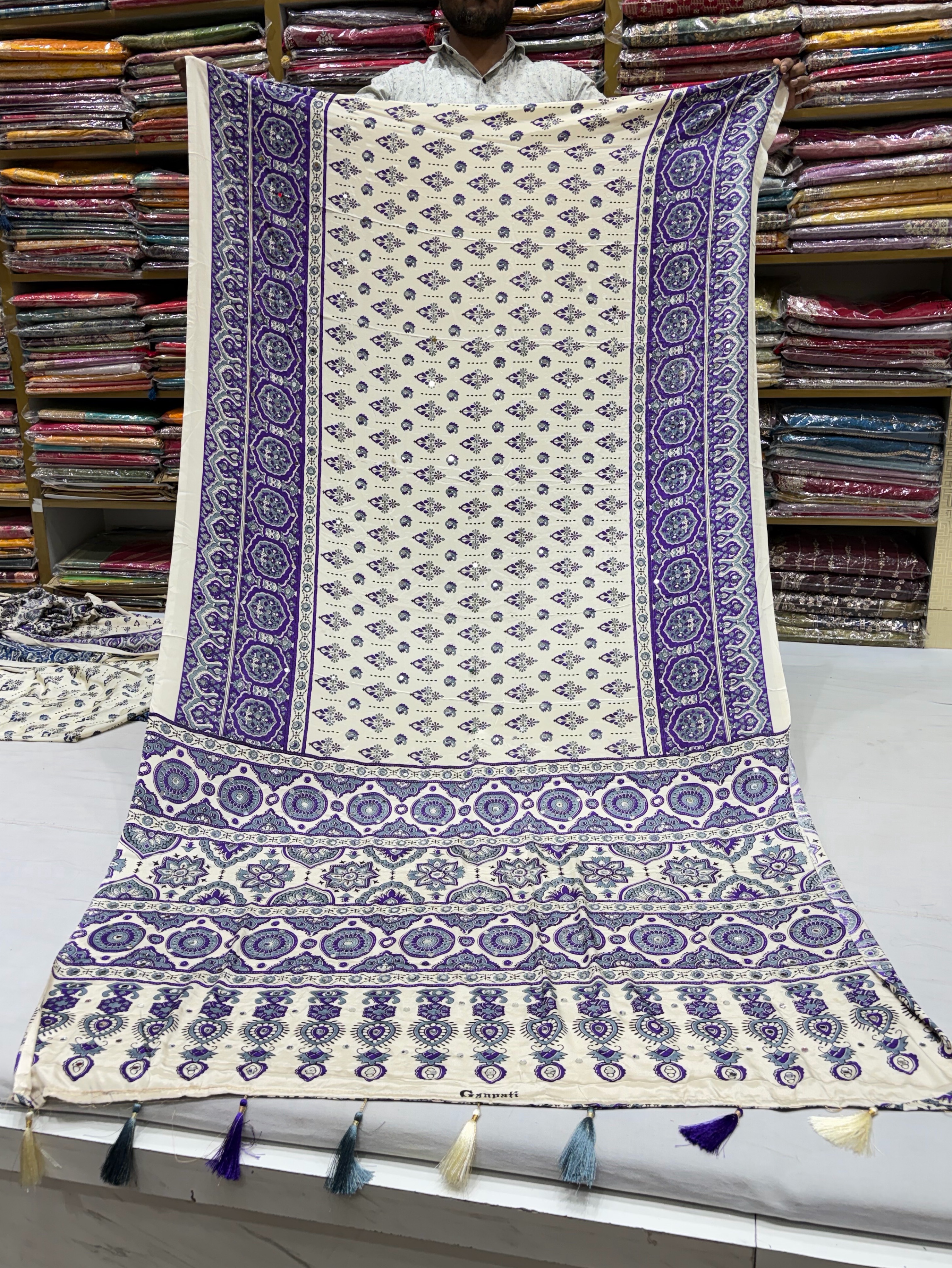 White & Purple Ajrakh Saree view 2