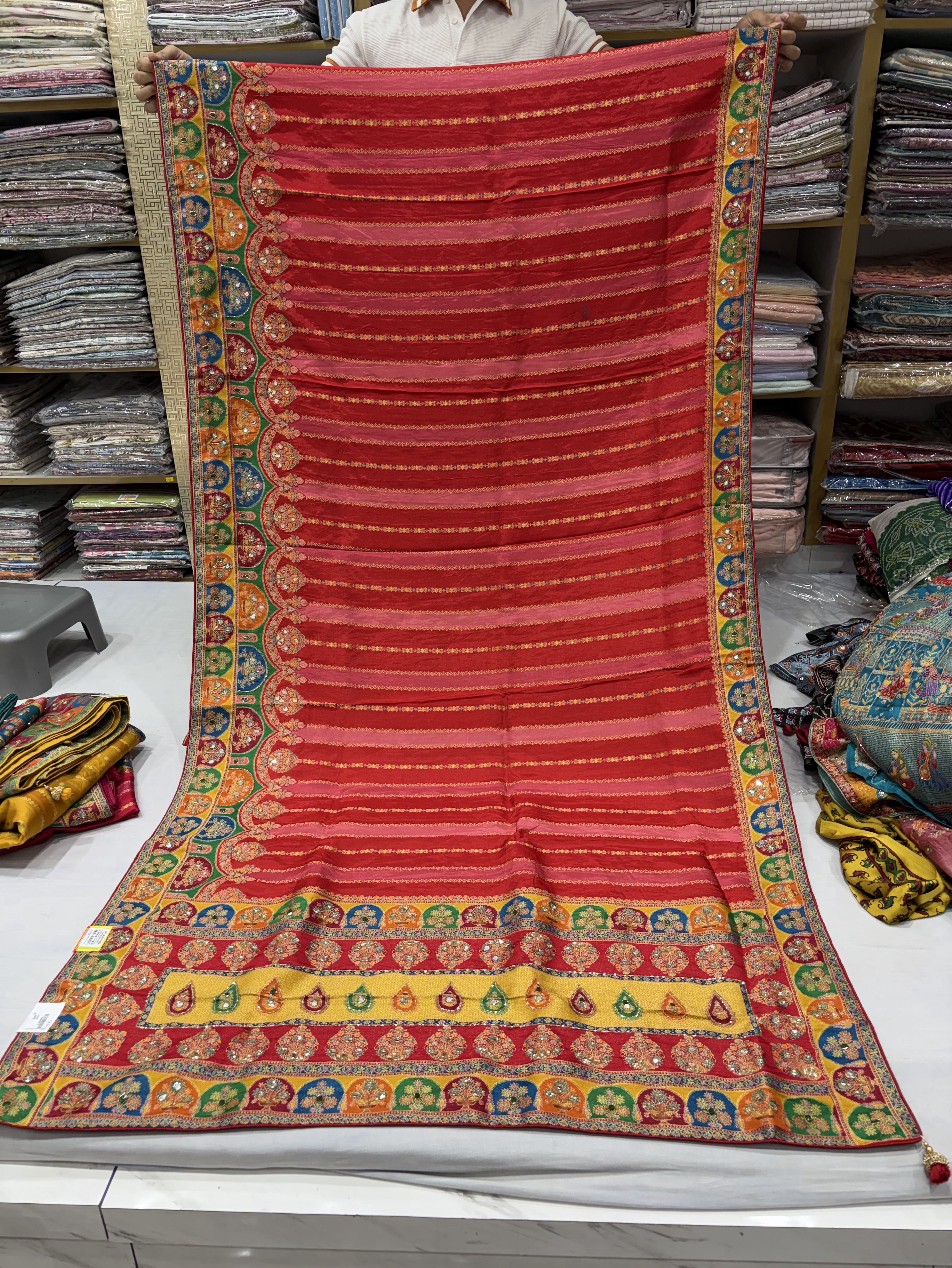 Hand-Embroidered Red Pashmina Saree view 2
