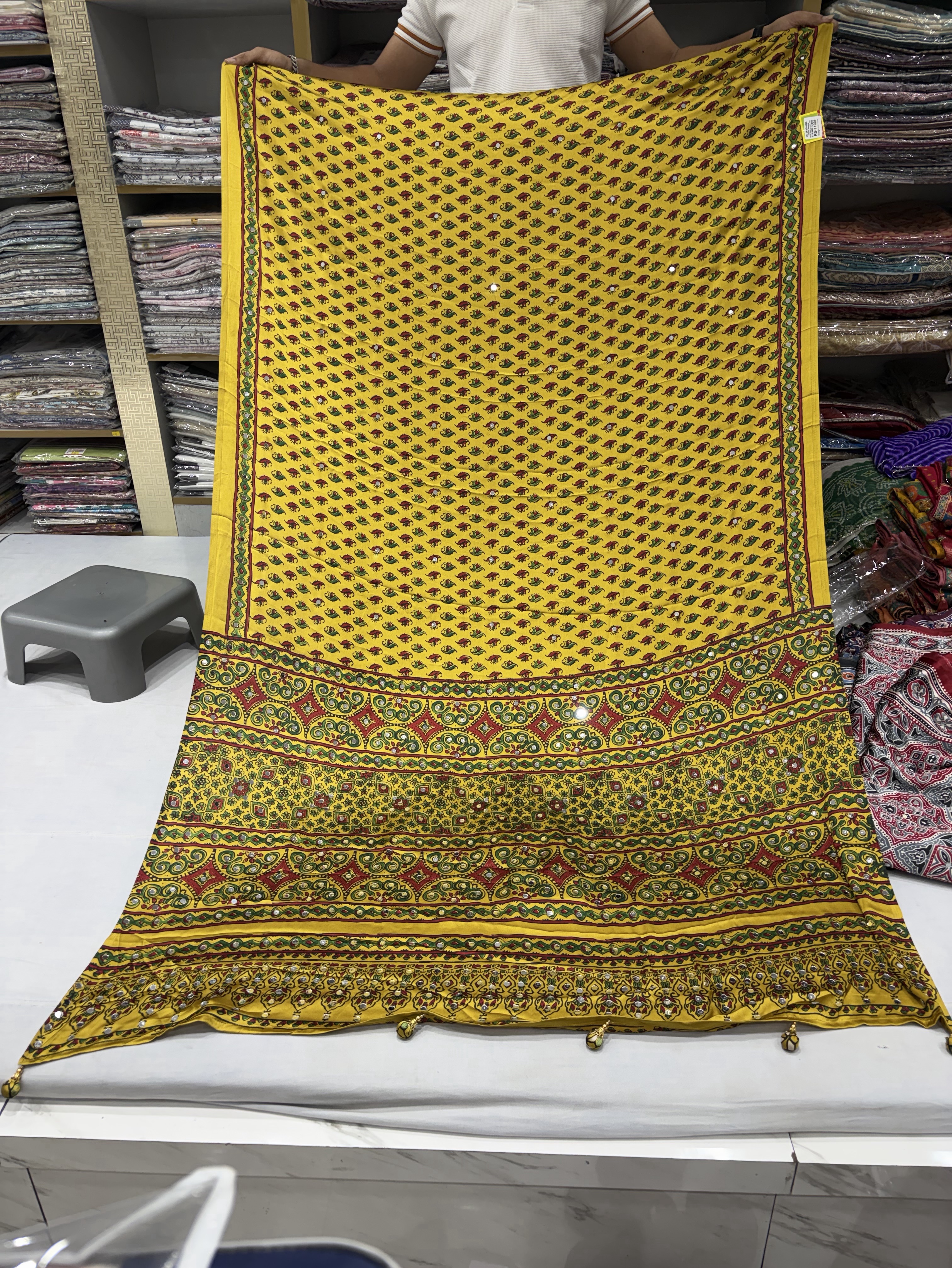 Yellow Ajrakh Saree view 2