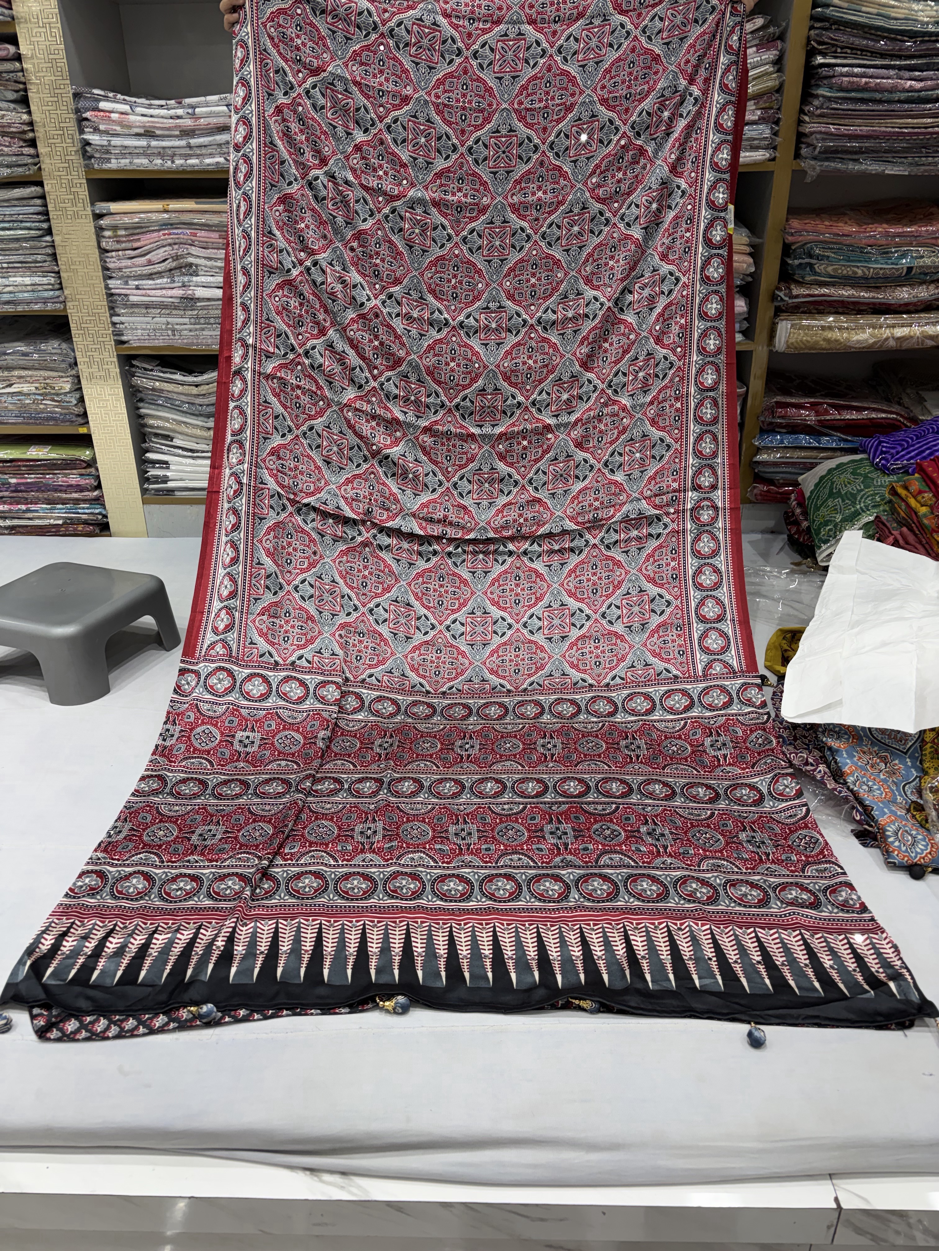 Cherry Red Ajrakh Saree view 2