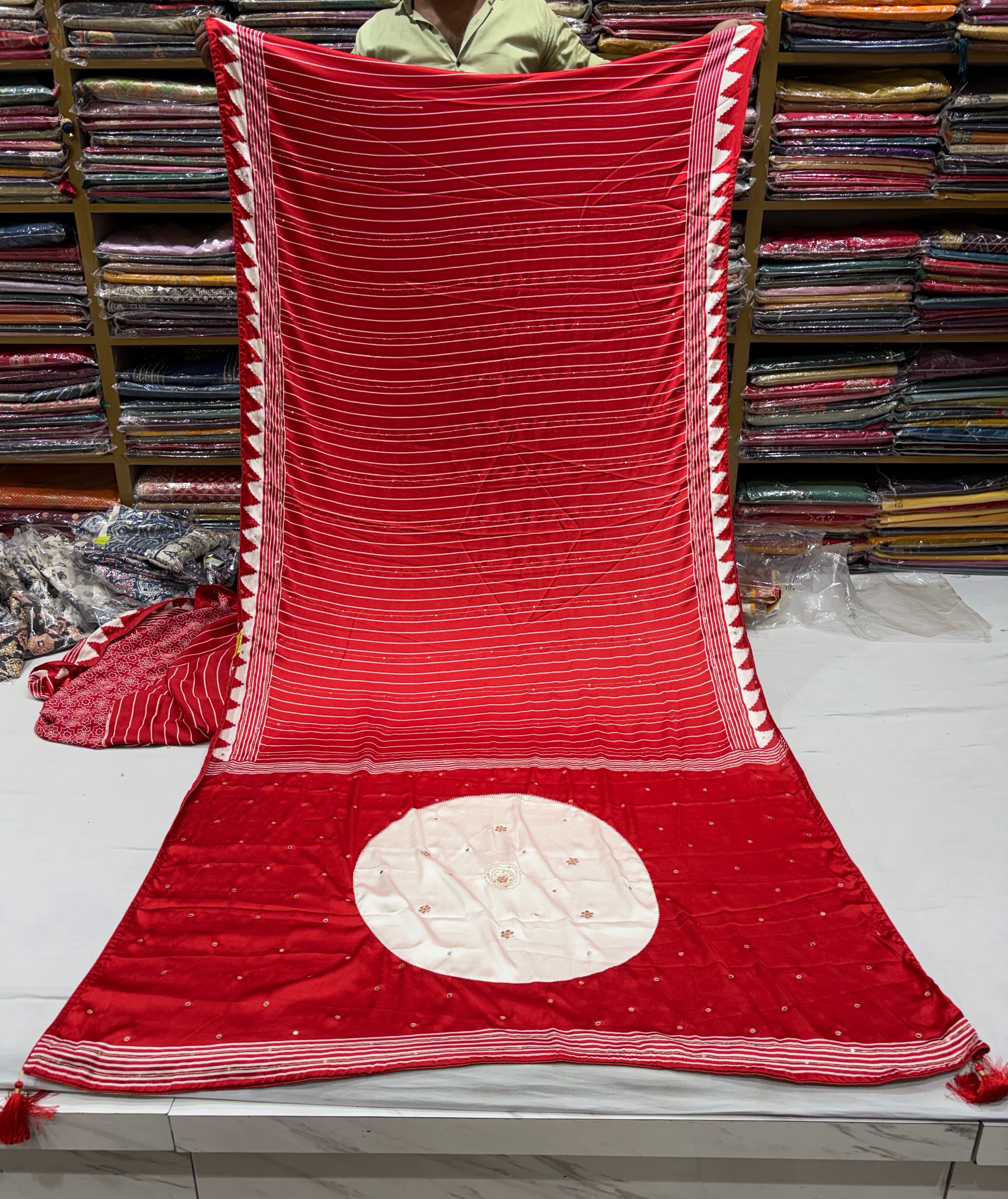 Red Saree with Geometric Borders view 2