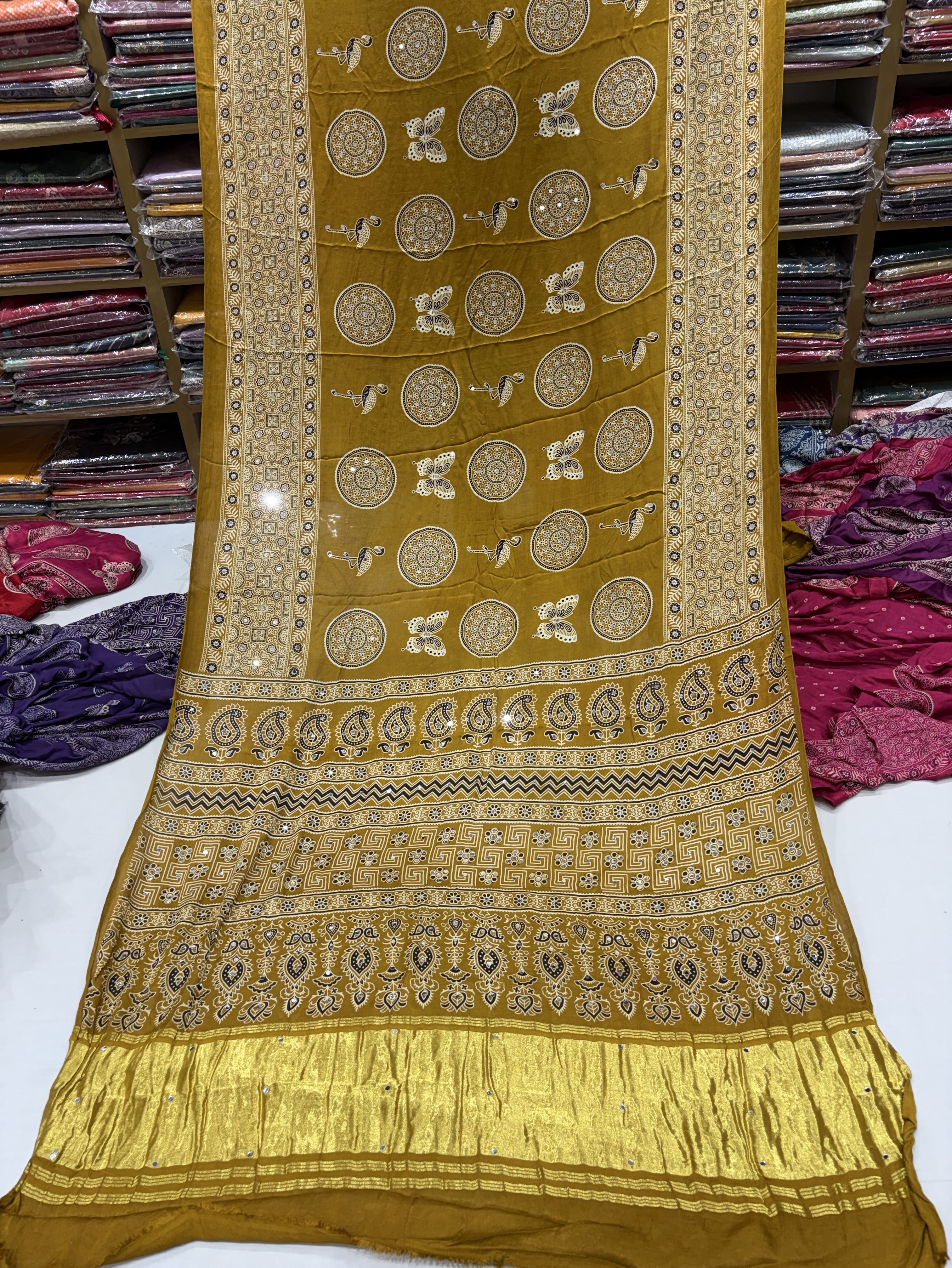 Yellow Ajrakh Print Saree view 2