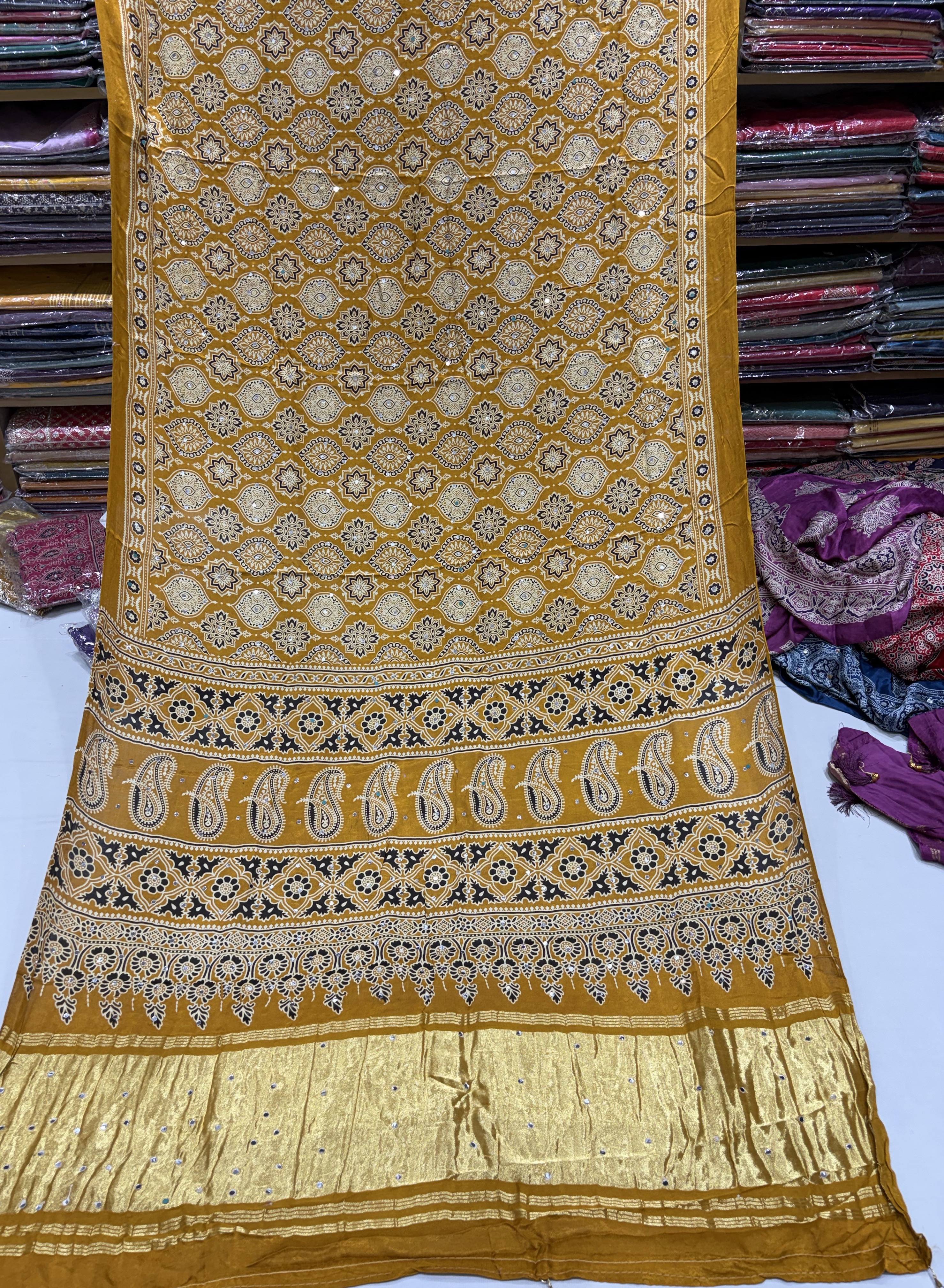 Yellow Badam Silk Aajrakh Saree view 2