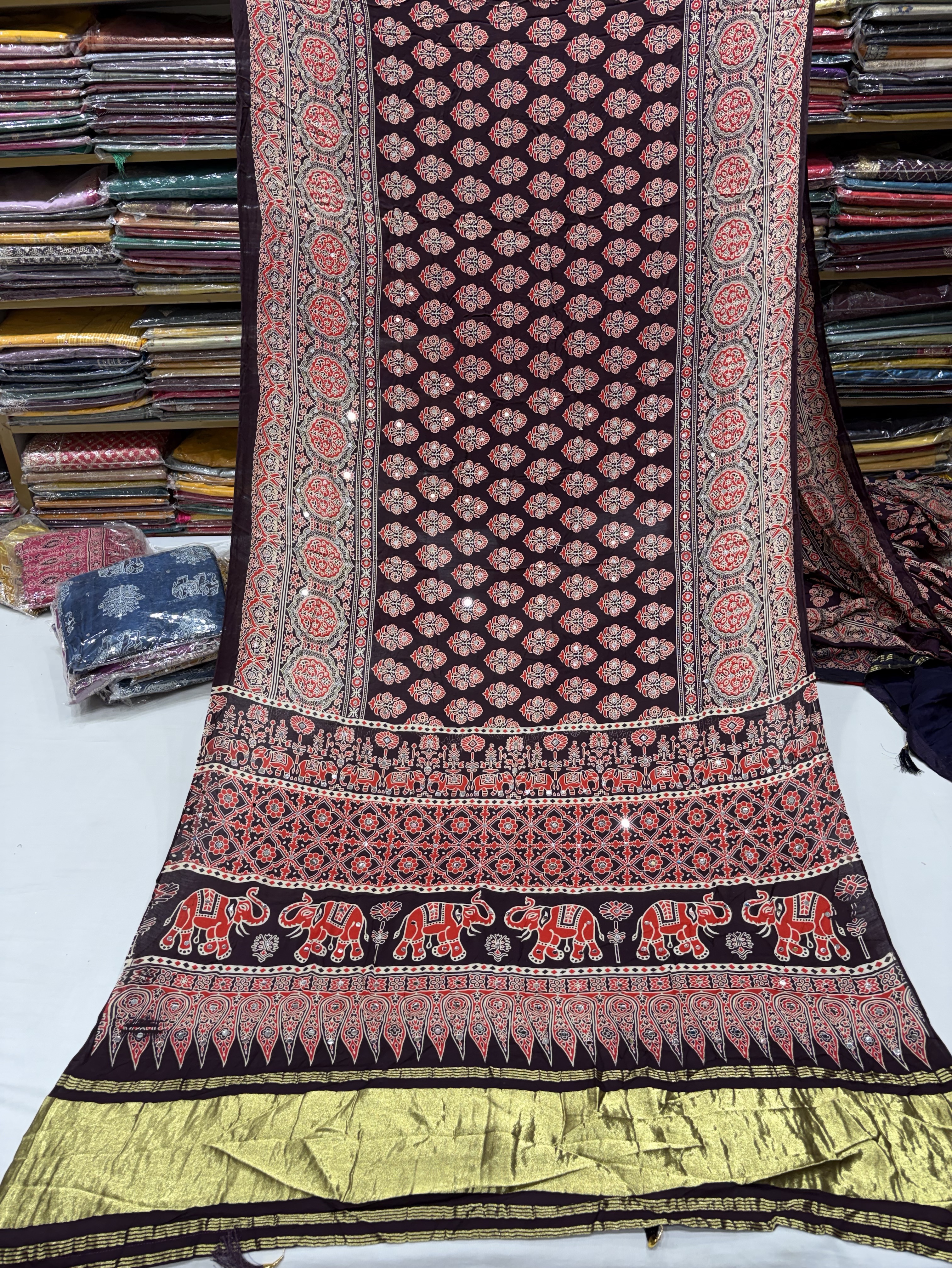 New Elephant Design Ajrakh Saree view 2
