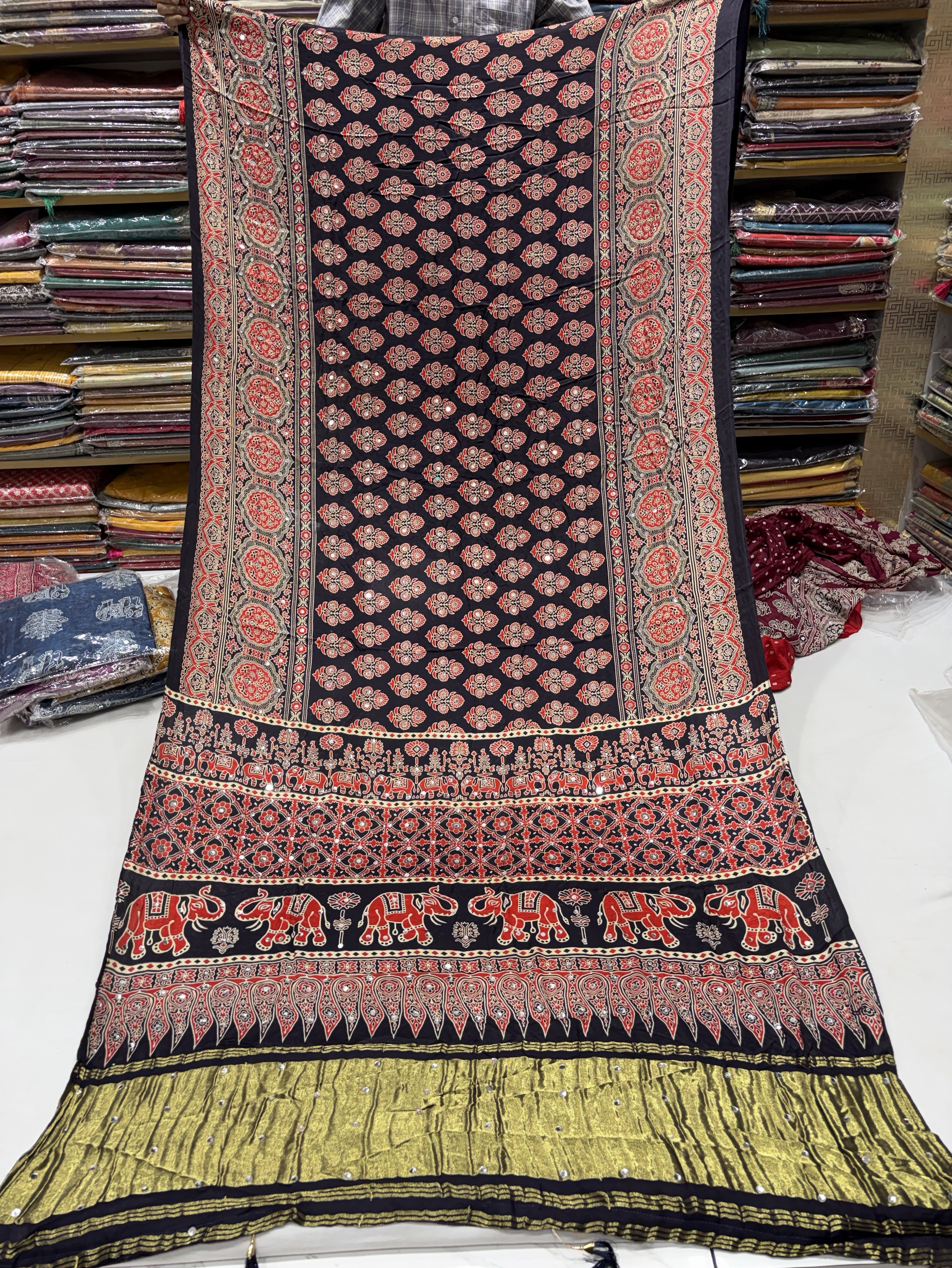 Blue Elephant Design Ajrakh Saree view 2
