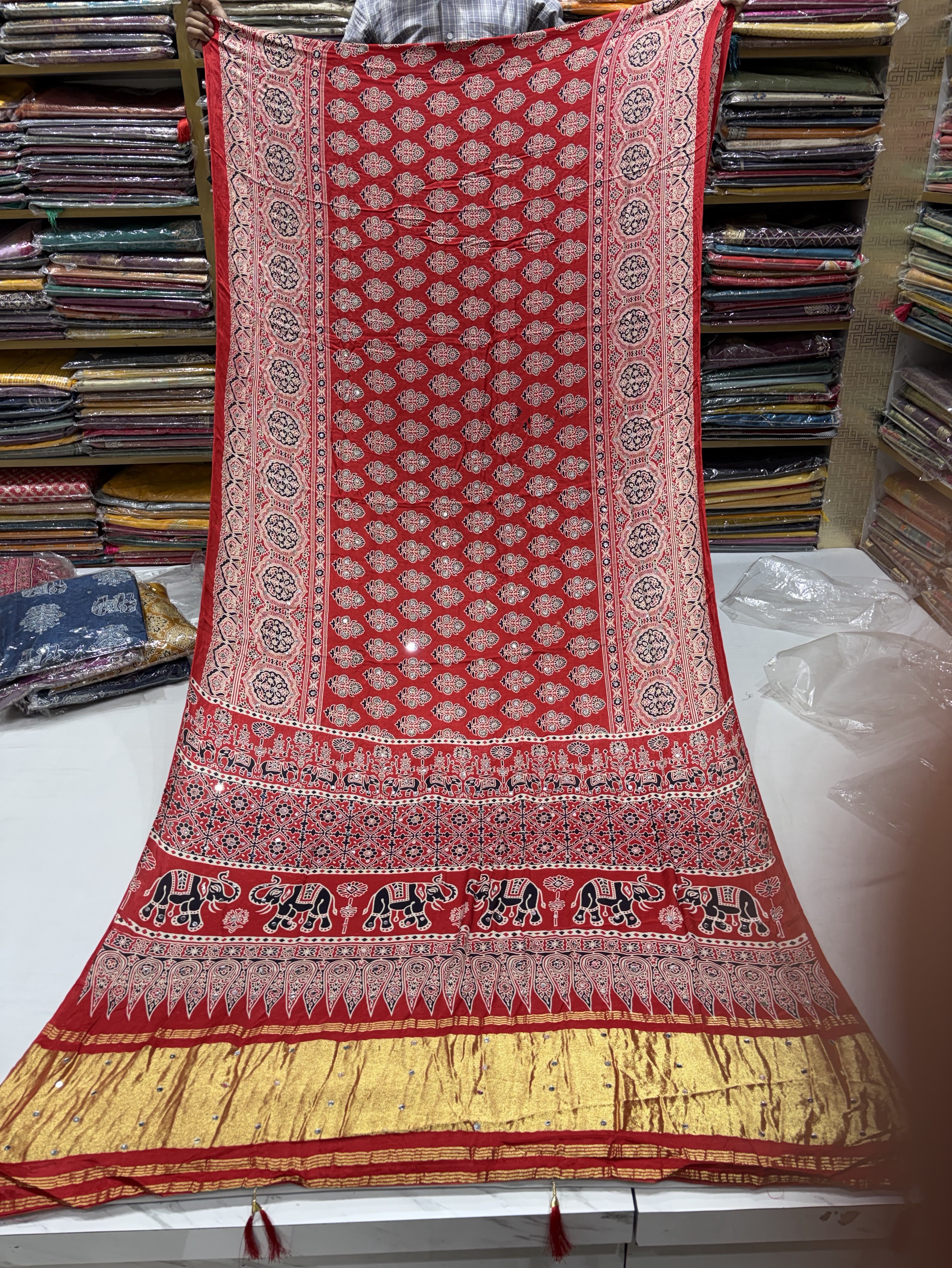 Red Circle Ajrakh Saree view 2