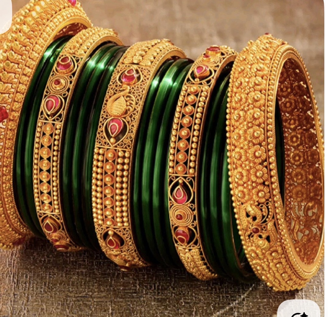 Traditional Gold and Green Bangles view 2