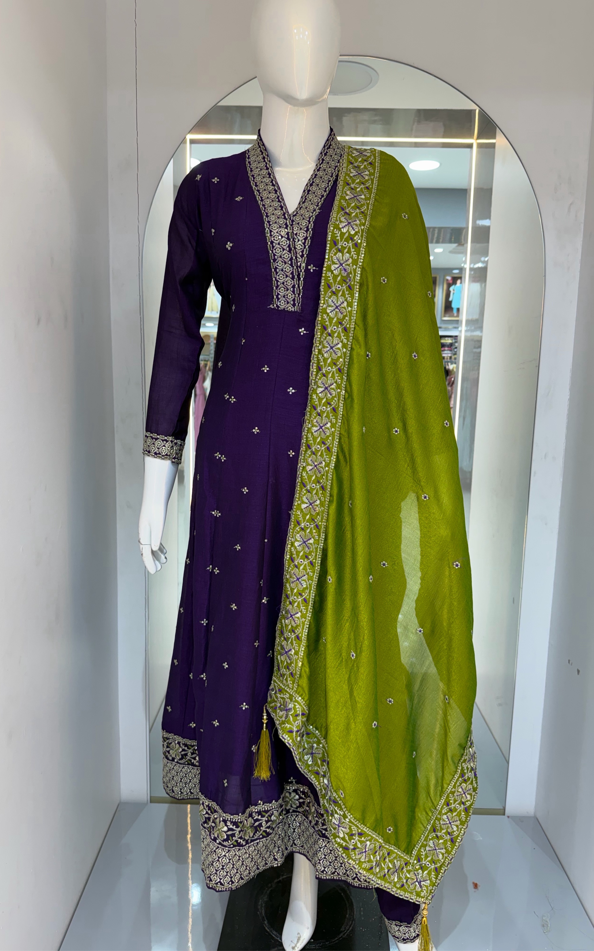Purple Anarkali with Green Dupatta view 2