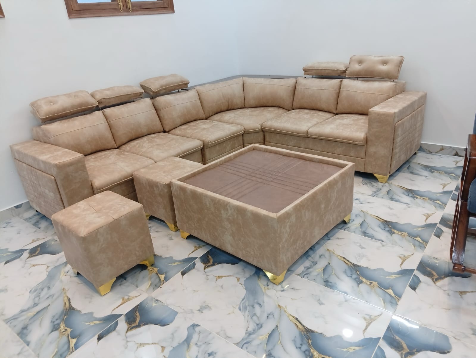 Beige Sectional Sofa with Ottomans view 2