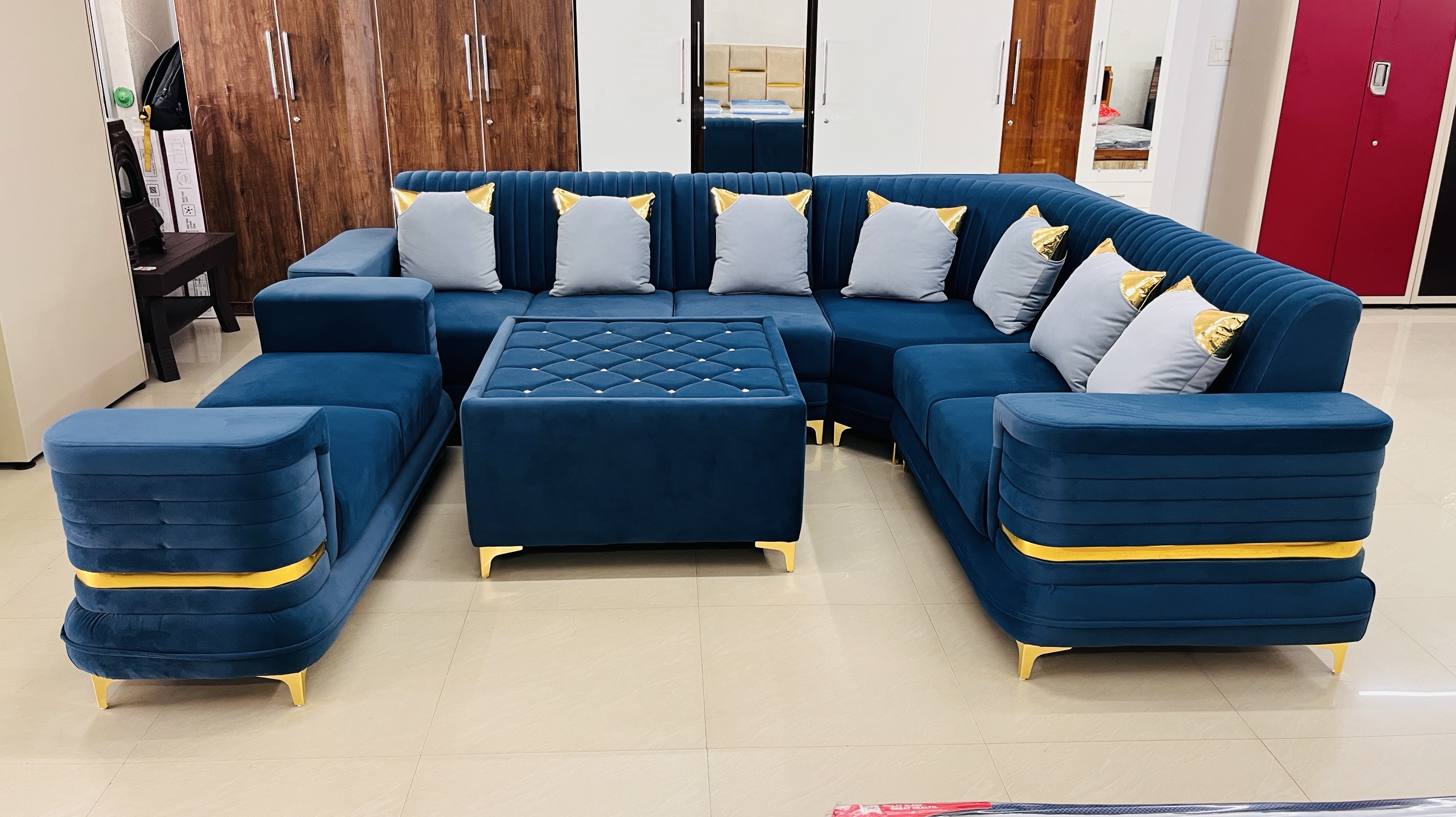 Velvet Blue Sectional Sofa view 2