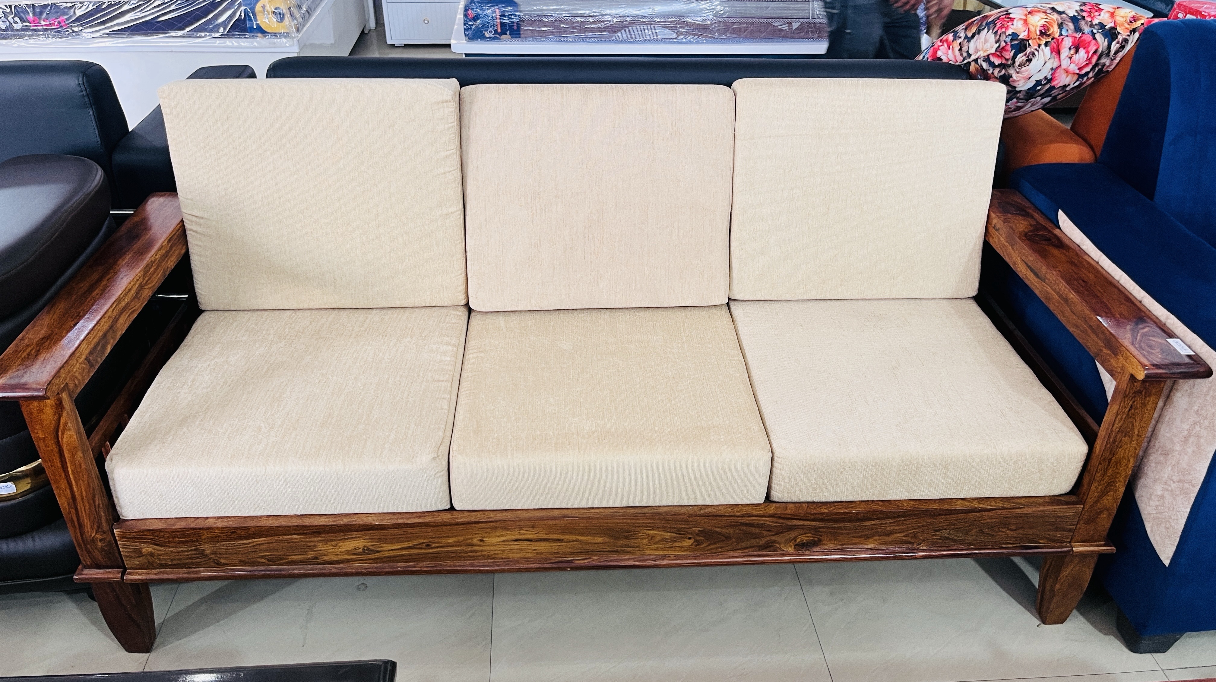 Beige 3 Seater Wooden Sofa view 2