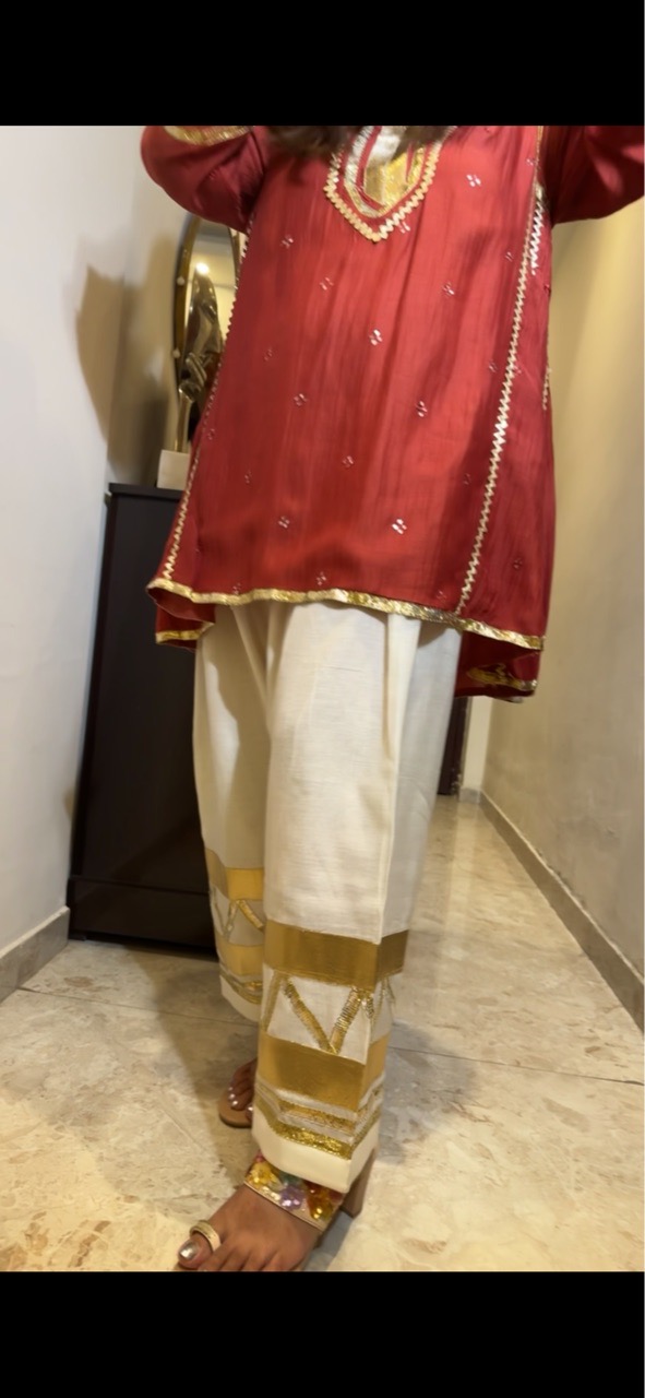 Red Ethnic Kurta with White Pants view 2