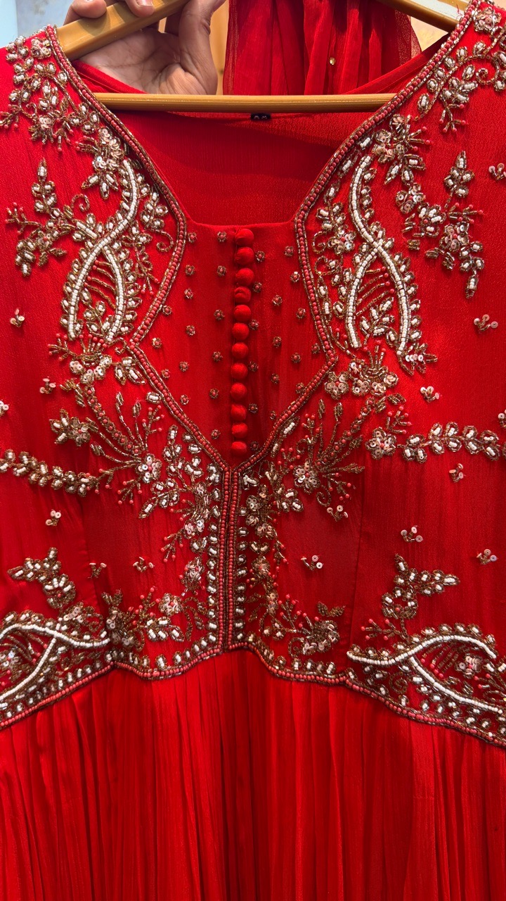 Embroidered Red Anarkali Gown view 2