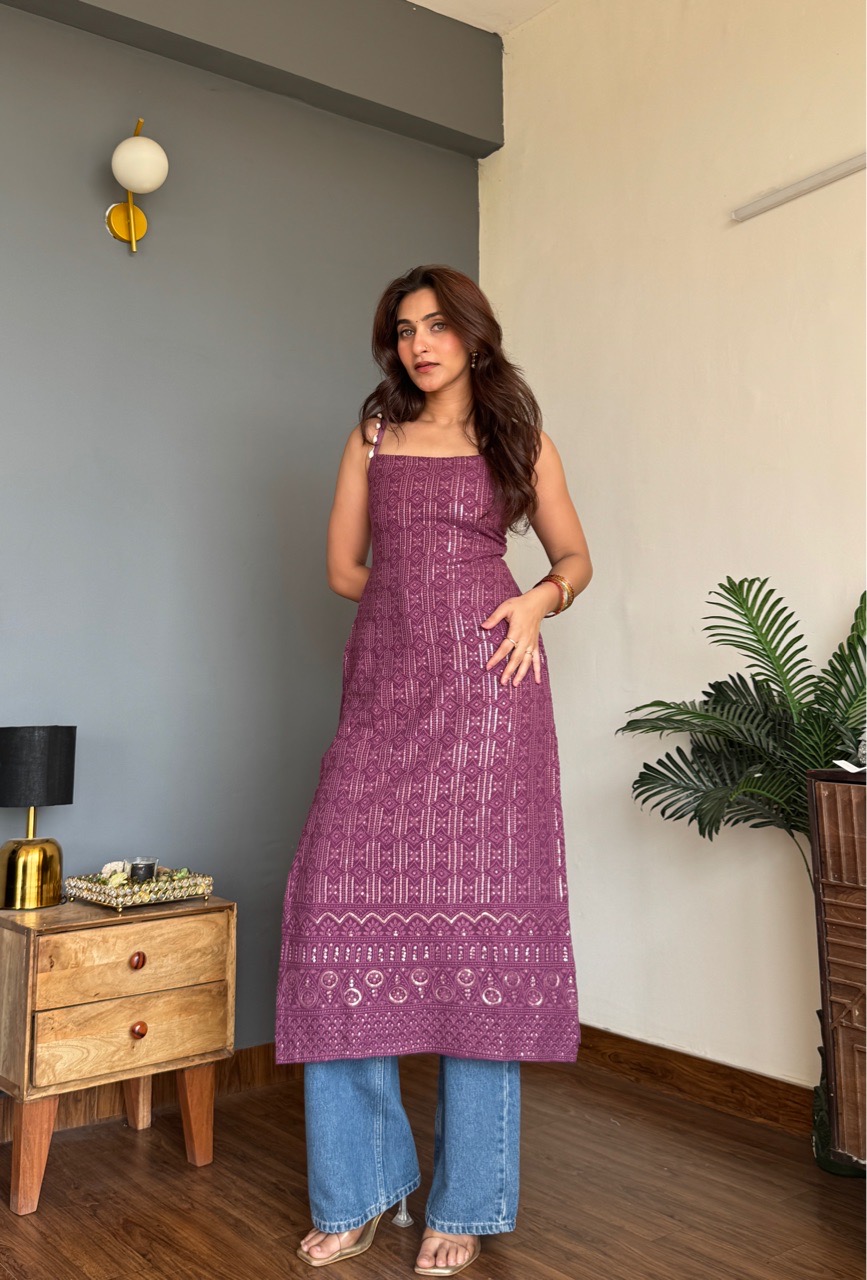 Long Chikankari Kurti- Purple