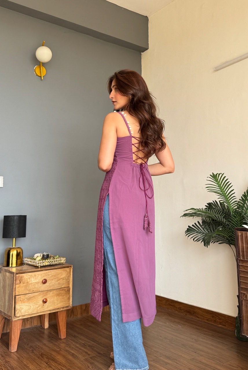 Long Chikankari Kurti- Purple view 2