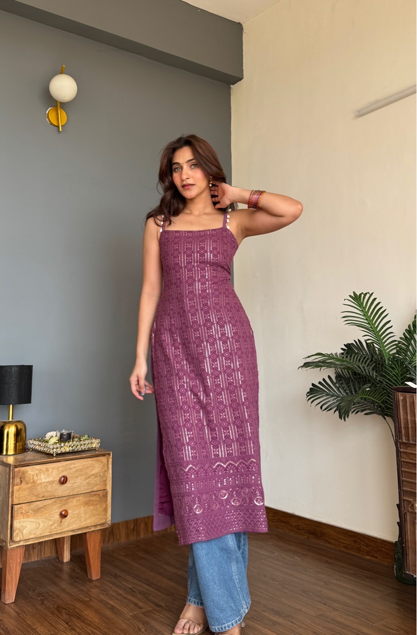 Long Chikankari Kurti- Purple view 3