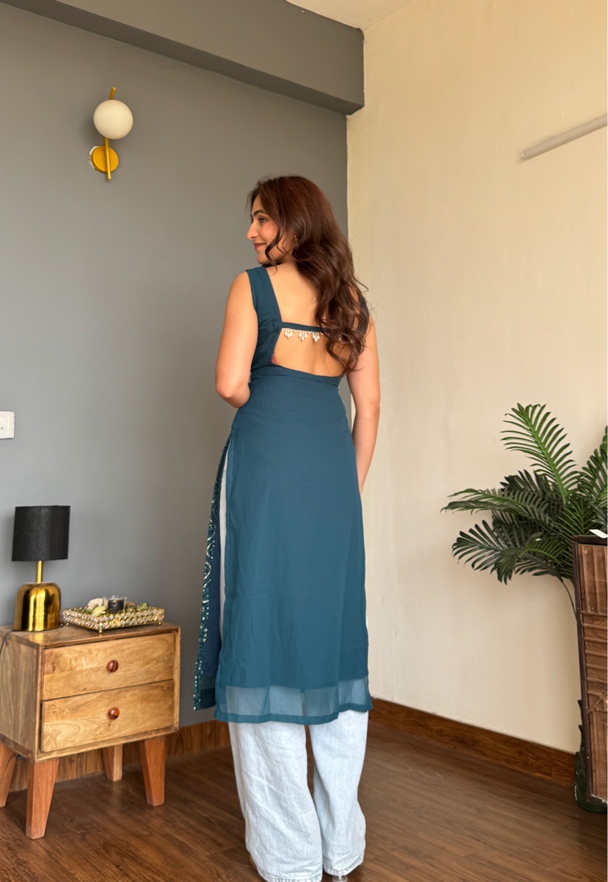Long Chikankari Kurti - Teal Blue view 2