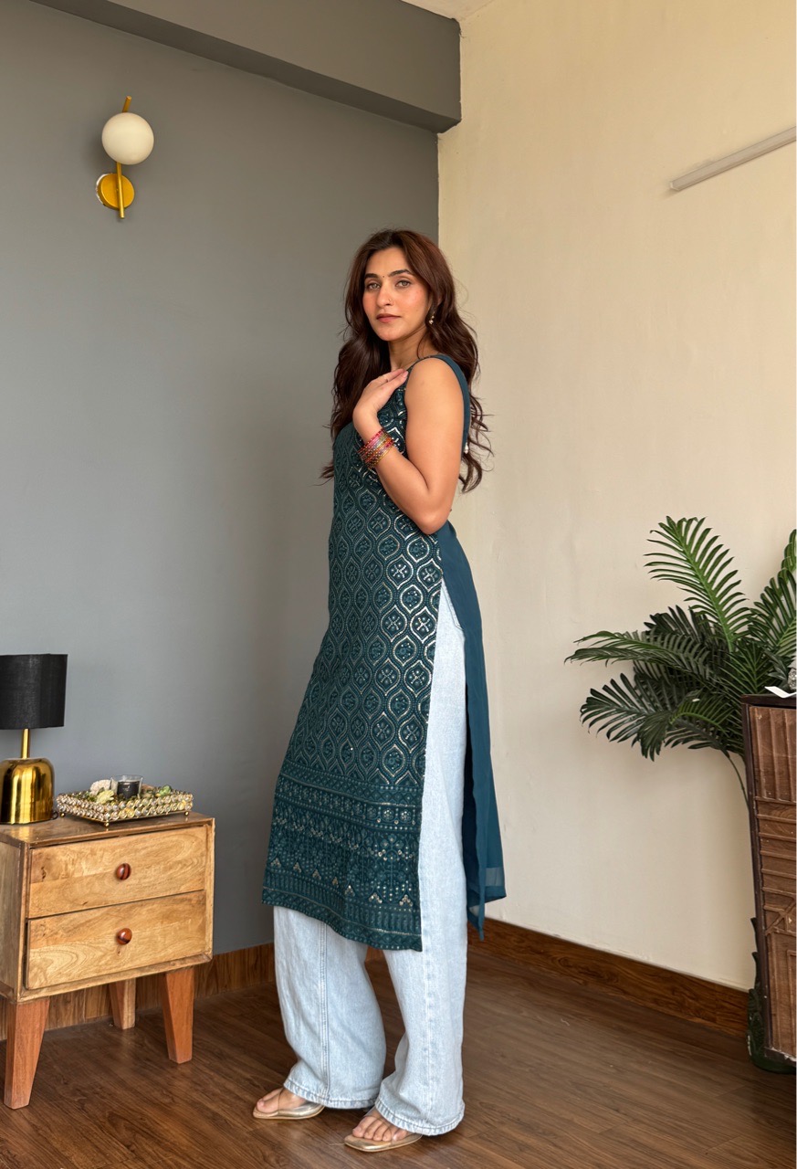 Long Chikankari Kurti - Teal Blue view 3