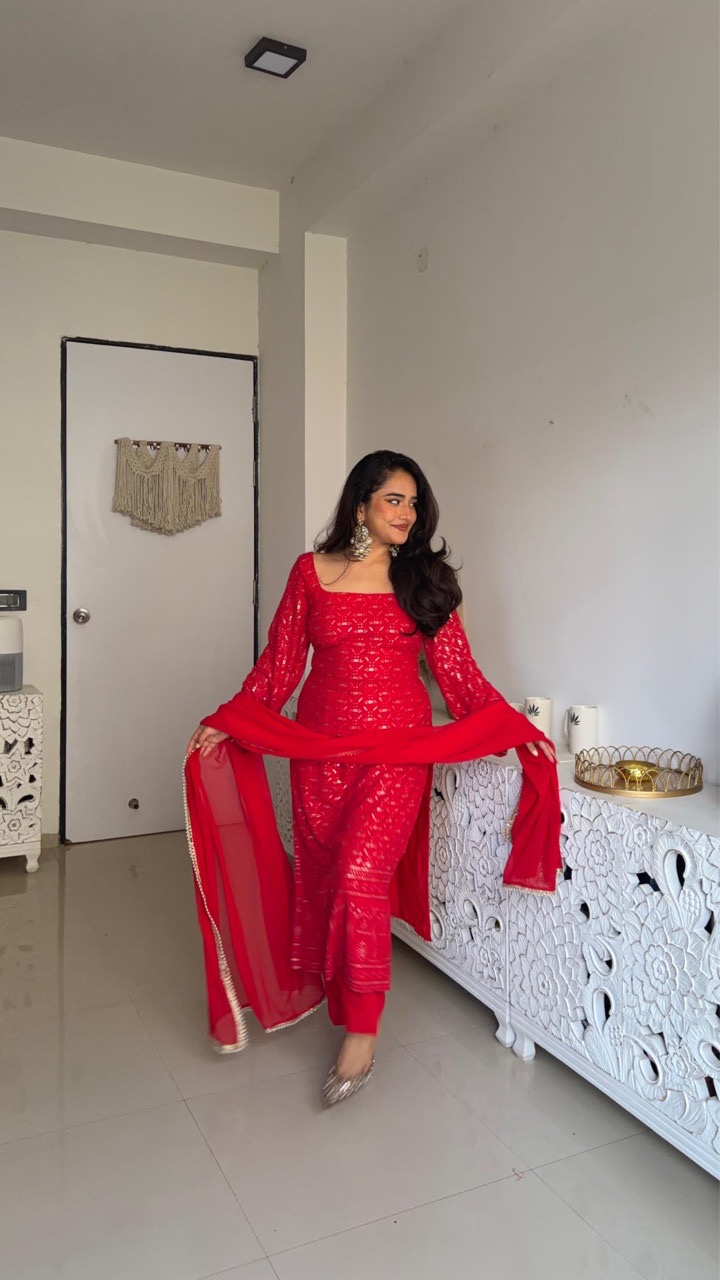 Chikankari Suit Set - Red view 2
