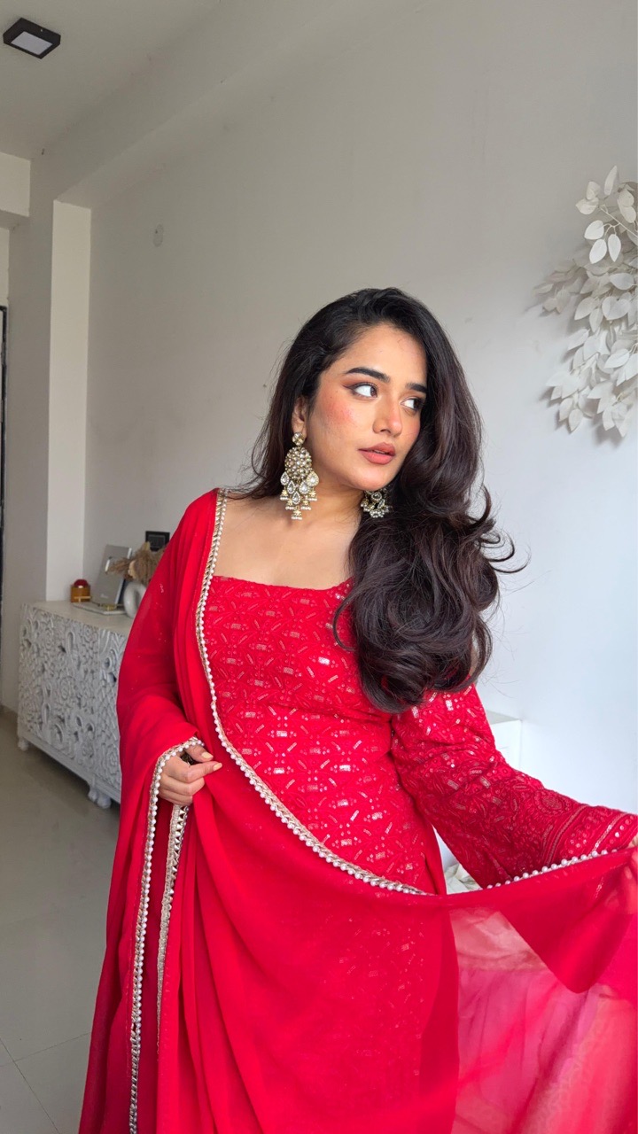 Chikankari Suit Set - Red