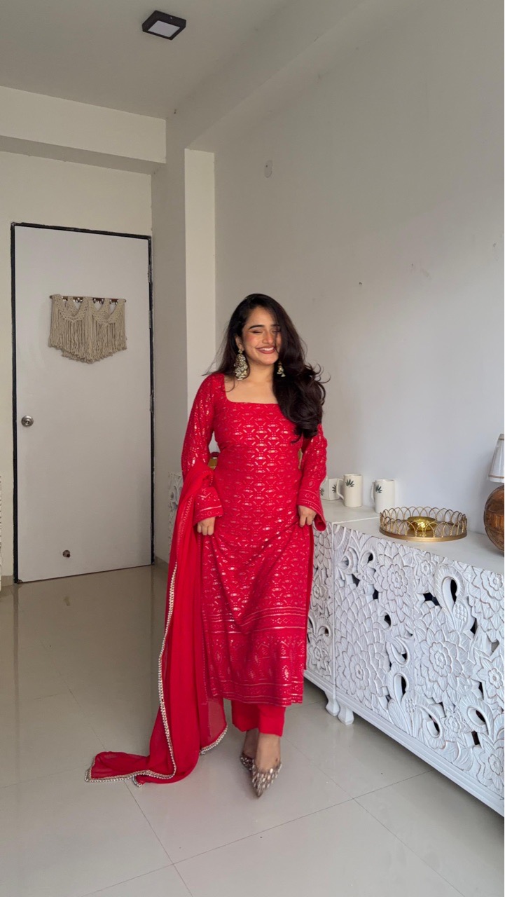 Chikankari Suit Set - Red view 5