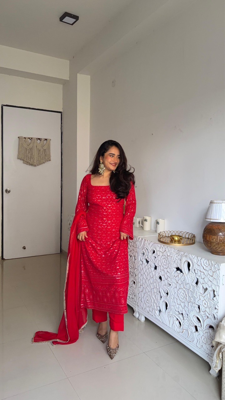Chikankari Suit Set - Red view 4