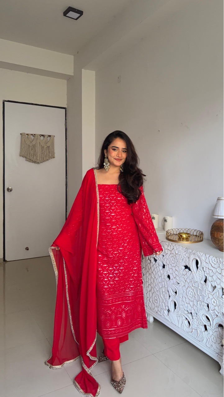 Chikankari Suit Set - Red view 6