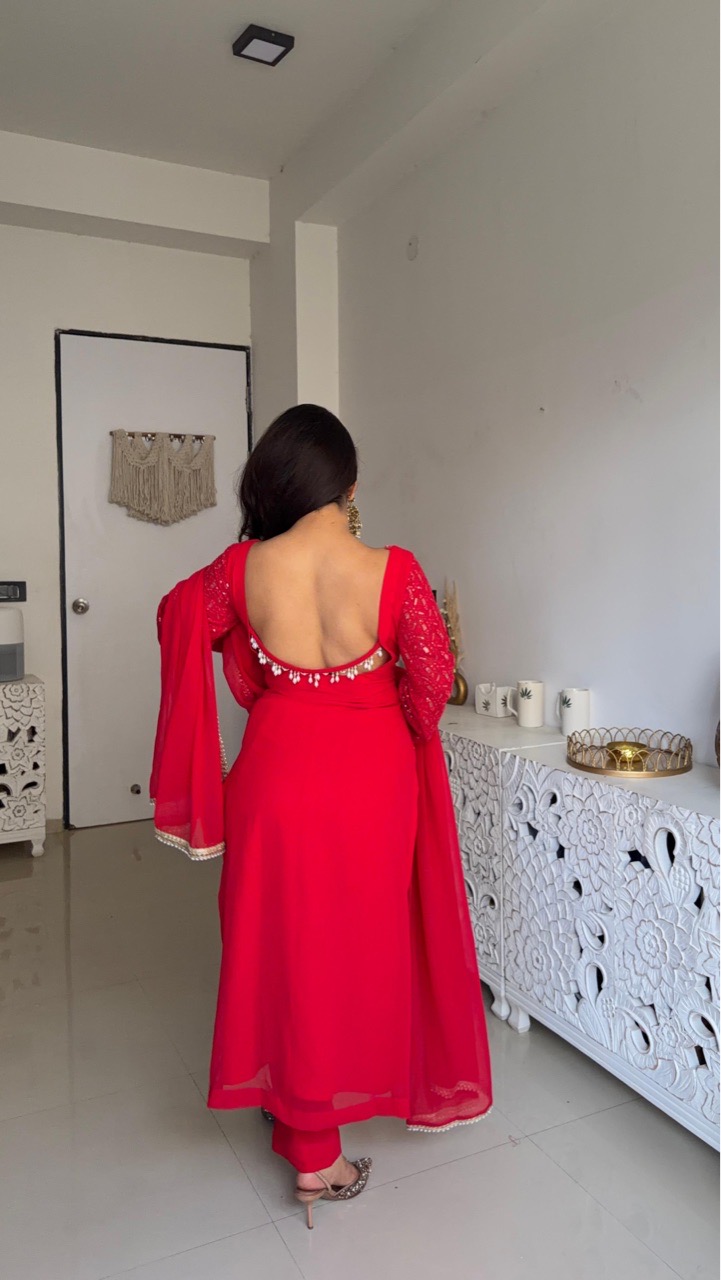 Chikankari Suit Set - Red view 3