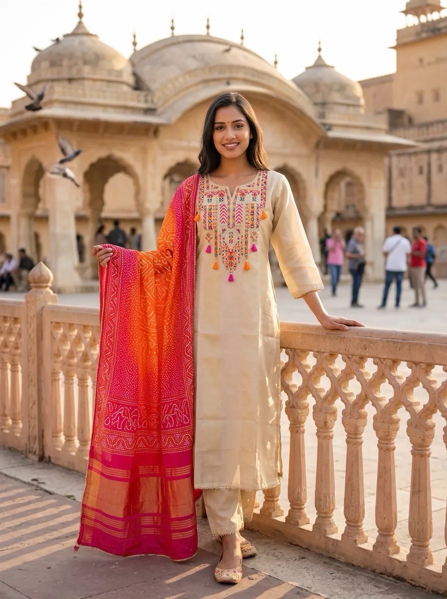 Embroidered Kurta Set With Bandhani Duppatta