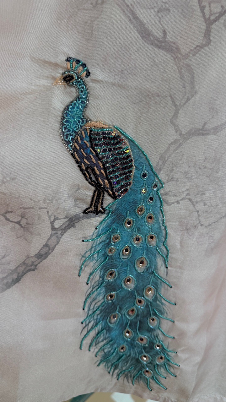 Off White Peacock Embroidered Kurta Set view 2