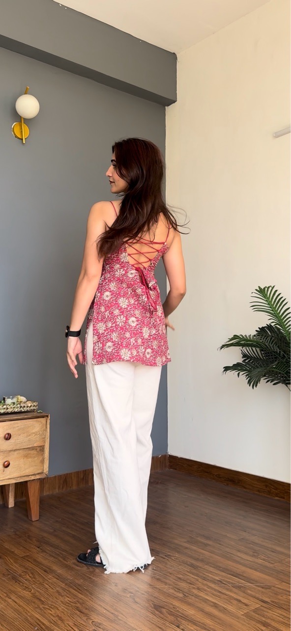Pink lace-up cami Kurti view 9