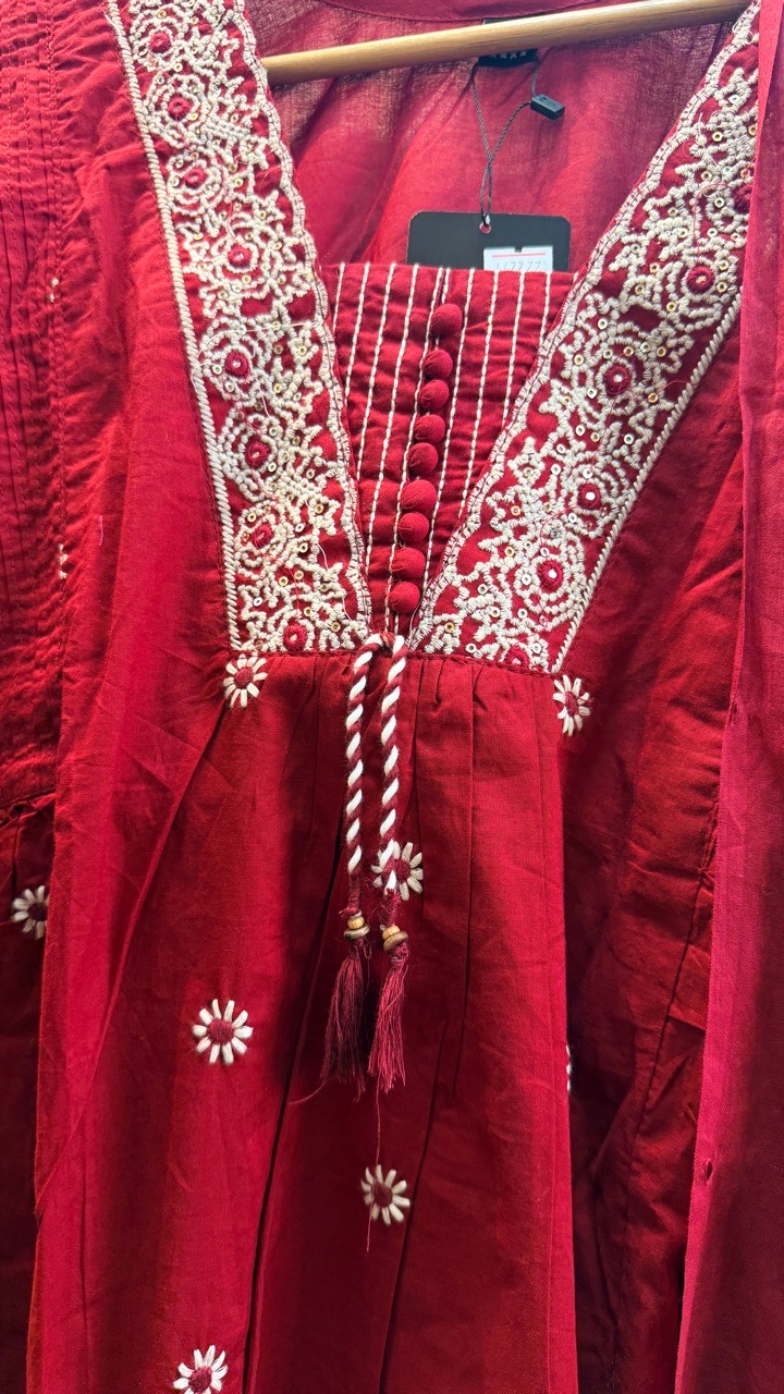 Red Embroidered Cotton Suit view 2