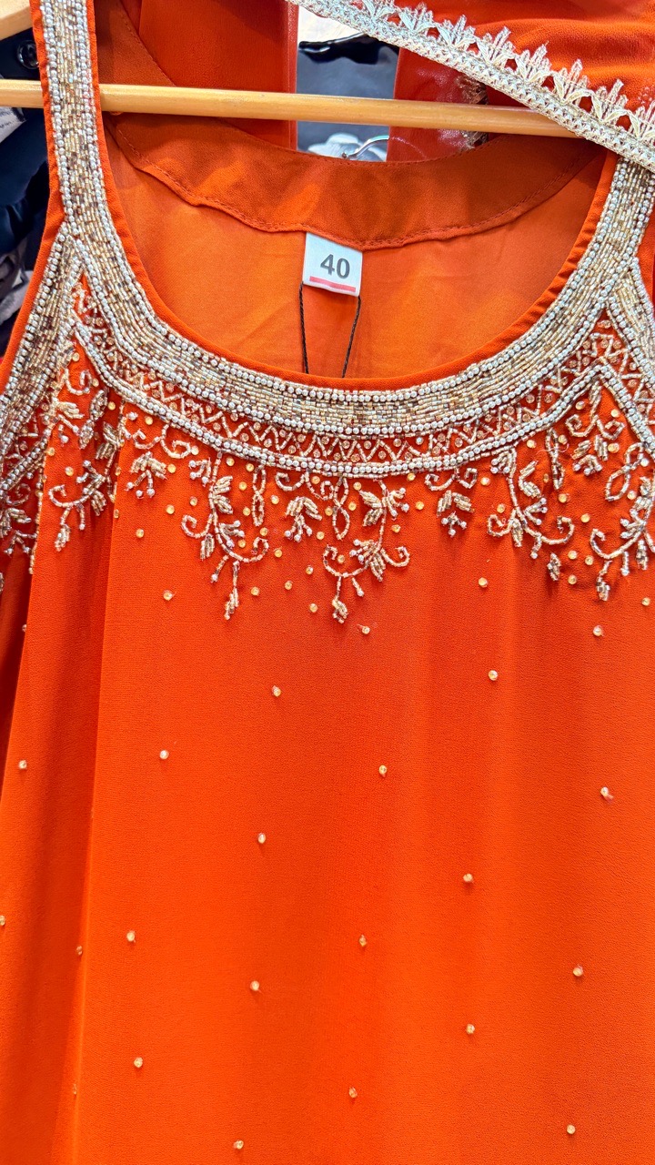 Hand Work Orange Kurta Set view 2