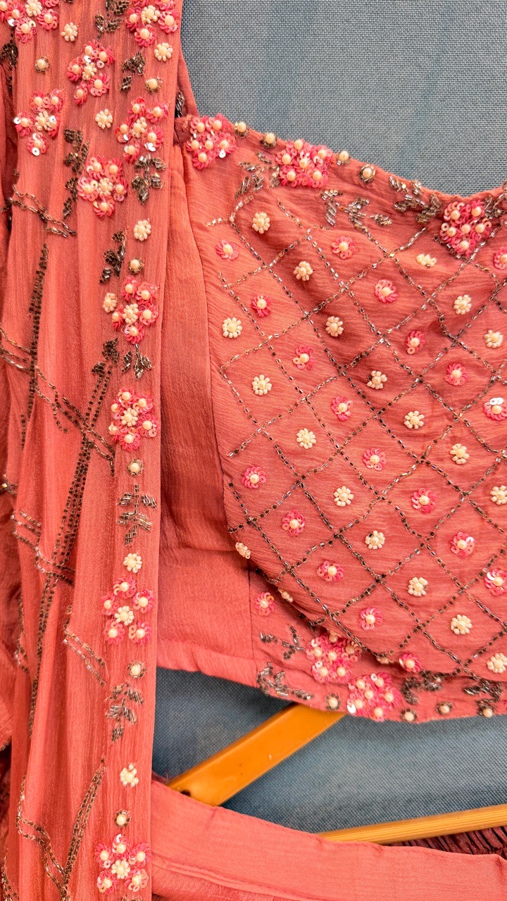 Embroidered Pink Indo Western With Long Shrug  Set view 2