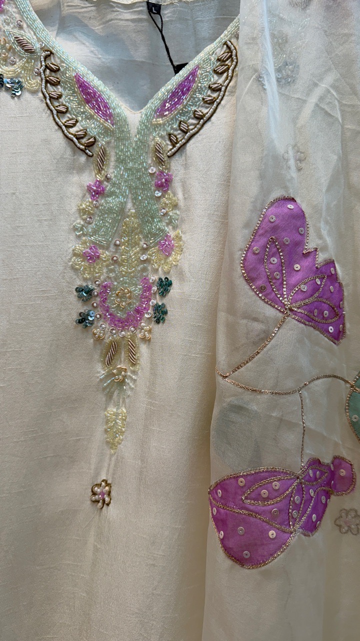 Cream Embroidered Kurta with Dupatta view 2