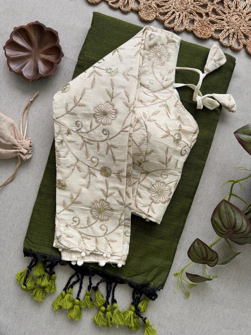 Cotton Saree With Stiched Embroidered Blouse