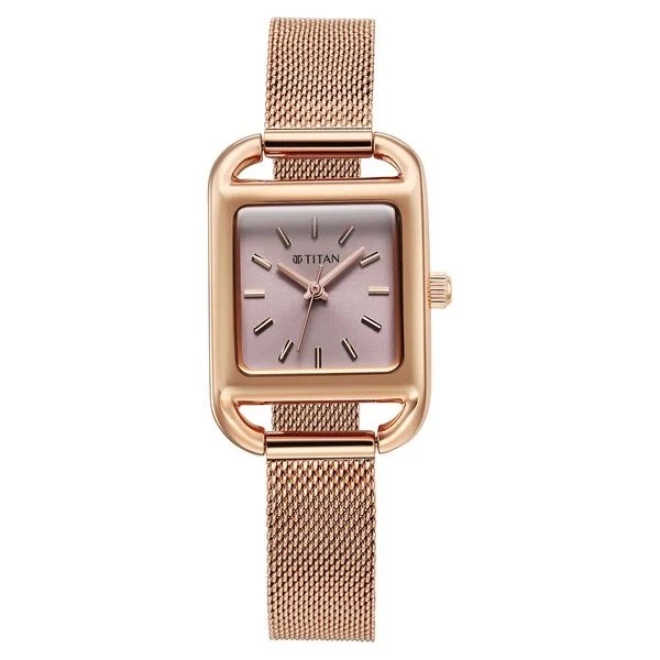 Titan Womens Rose Gold Mesh Watch 95298WM01 view 2