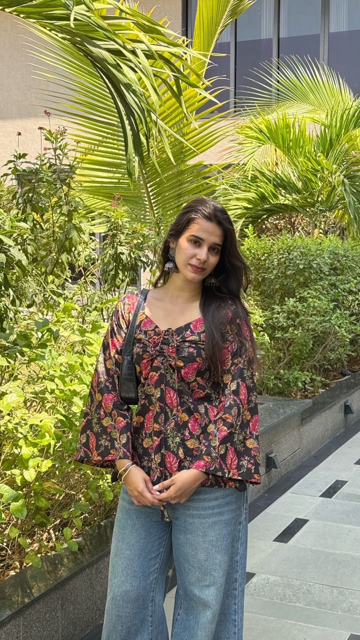 Black Floral Bell Sleeve Kurti