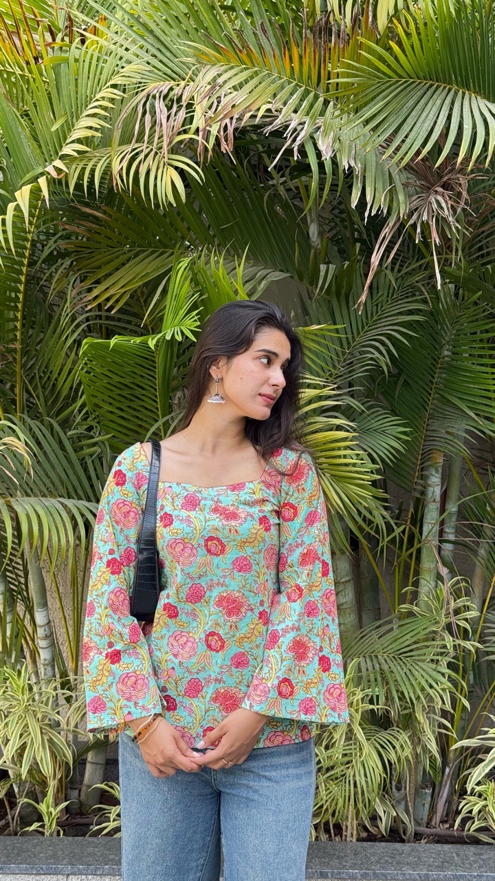 Mint Blue Floral Print Bell Sleeve Kurti view 4