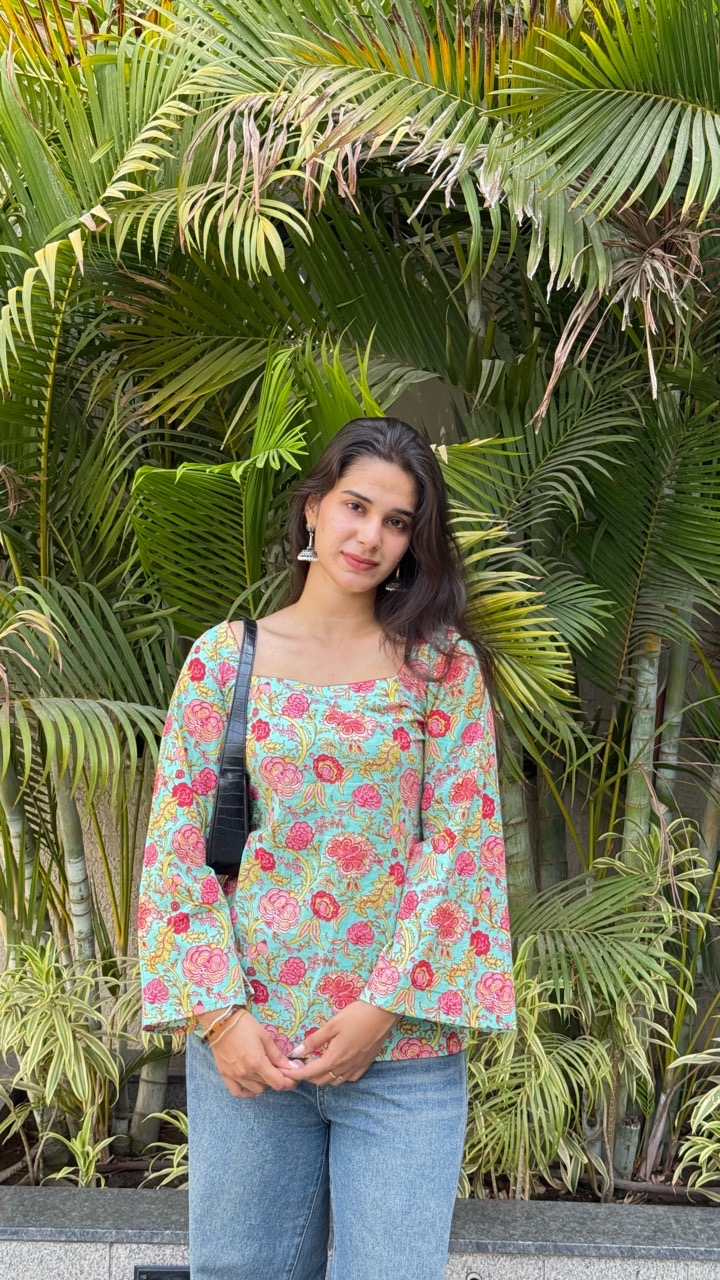 Mint Blue Floral Print Bell Sleeve Kurti