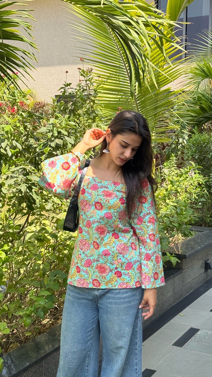 Mint Blue Floral Print Bell Sleeve Kurti view 2