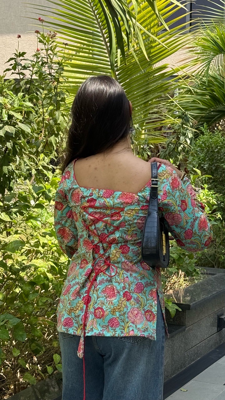 Mint Blue Floral Print Bell Sleeve Kurti view 3