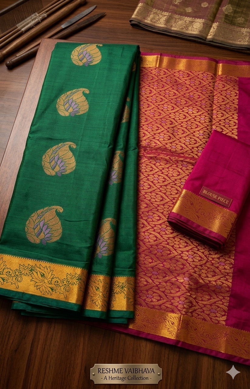 Bottle Green Silk Saree with Contrast Rani Pink Zari Pallu view 2