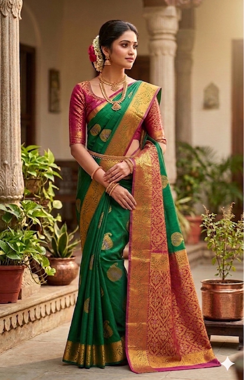 Bottle Green Silk Saree with Contrast Rani Pink Zari Pallu