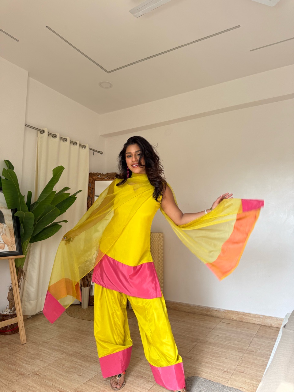 Color Block Farshi Salvar set- Green view 3