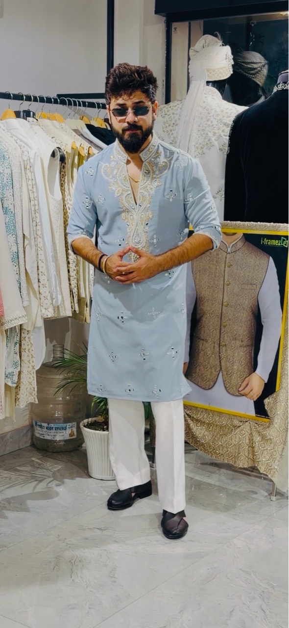 Sky Blue V Neck Carnival Kurta With Pants view 2