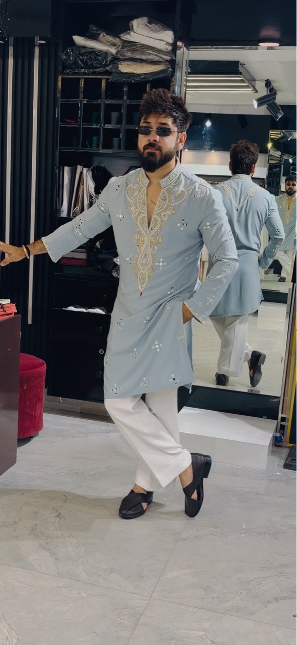 Sky Blue V Neck Carnival Kurta With Pants view 5