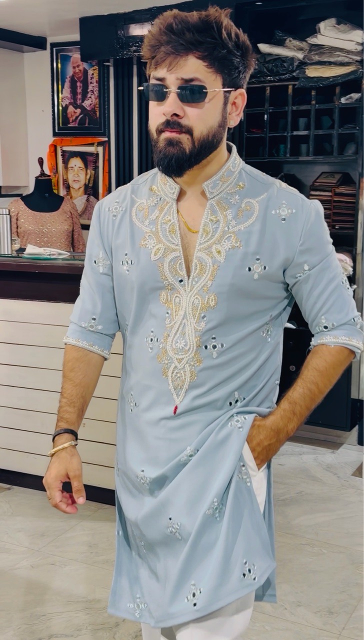 Sky Blue V Neck Carnival Kurta With Pants view 3
